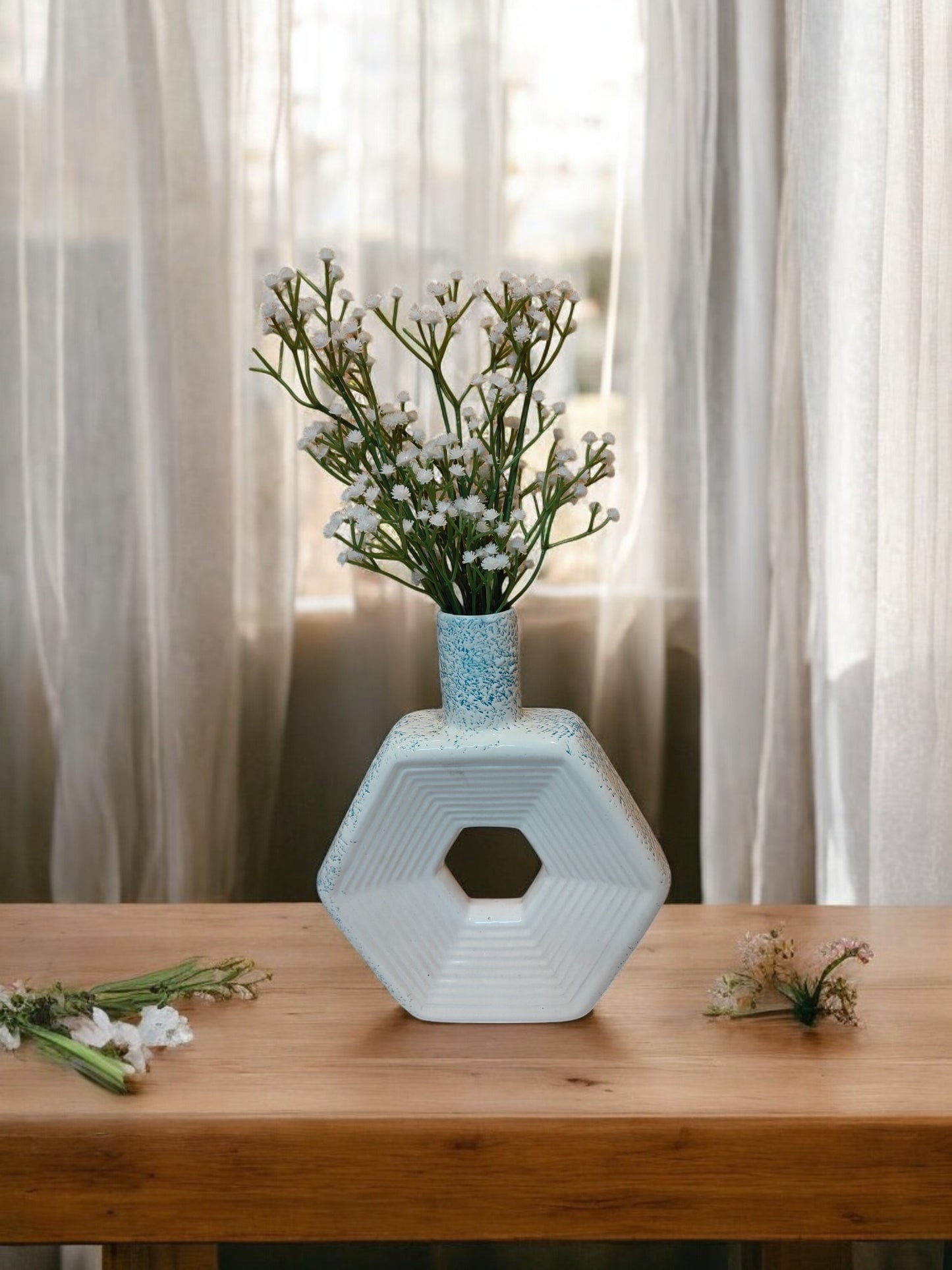 Cerulean Blue Geometric Hexagon Ceramic Vase