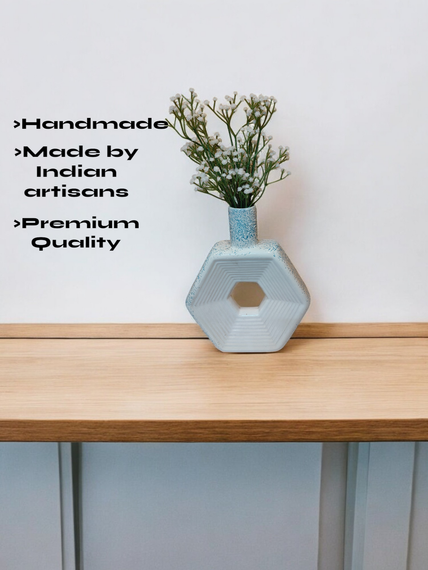 Cerulean Blue Geometric Hexagon Ceramic Vase