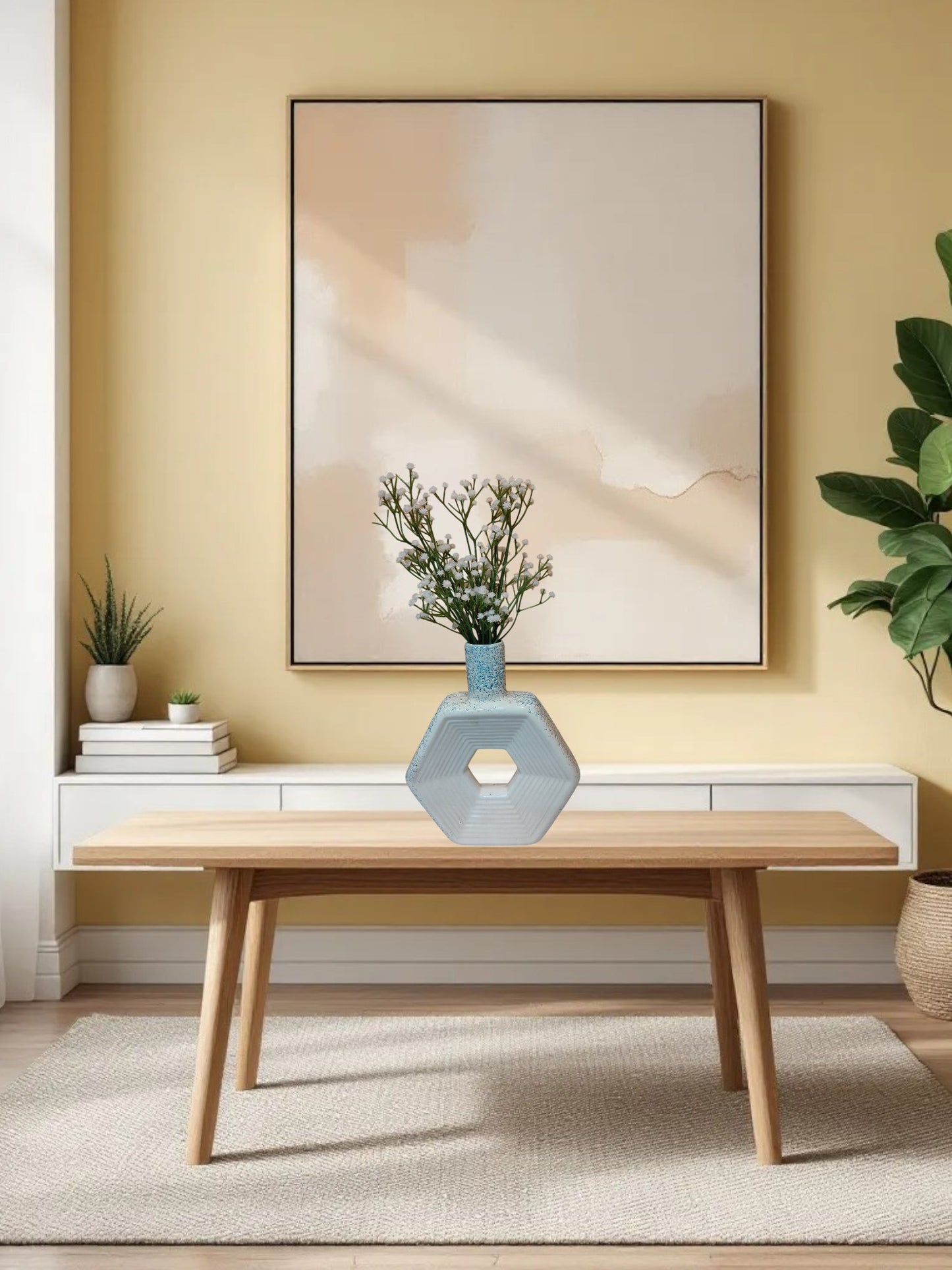 Cerulean Blue Geometric Hexagon Ceramic Vase